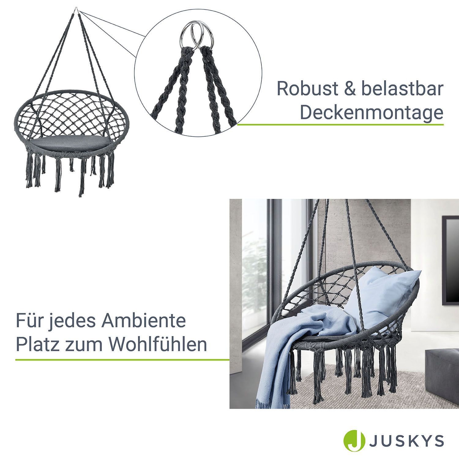 Juskys Hängesessel Cadras anthrazit - 60 cm breites Kissen –Indoor Hängekorb 120 kg Belastbarkeit