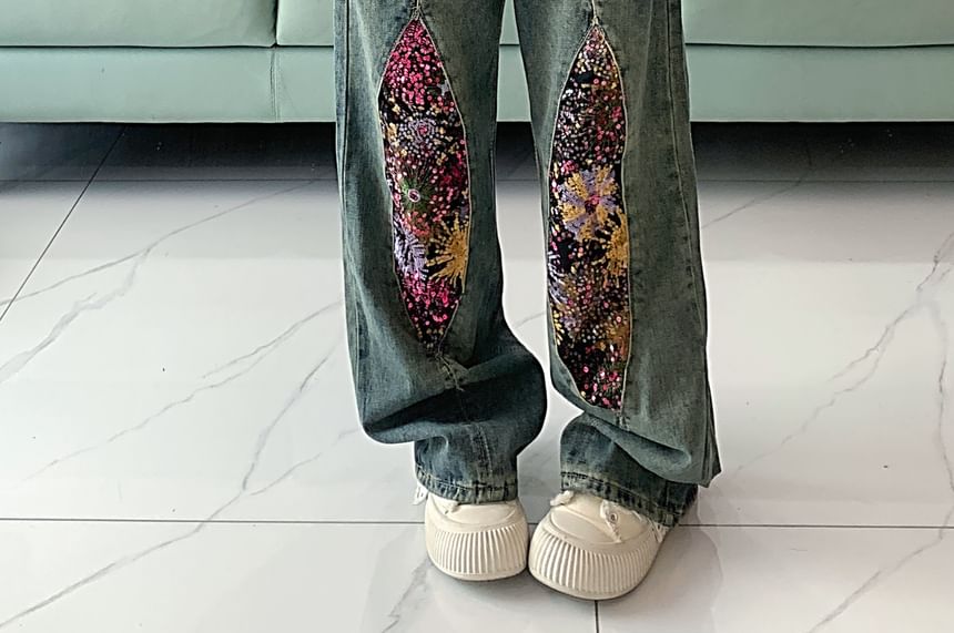 RONIN - Mid Waist Pailletten Paneel Gewassen Wijde Broek
