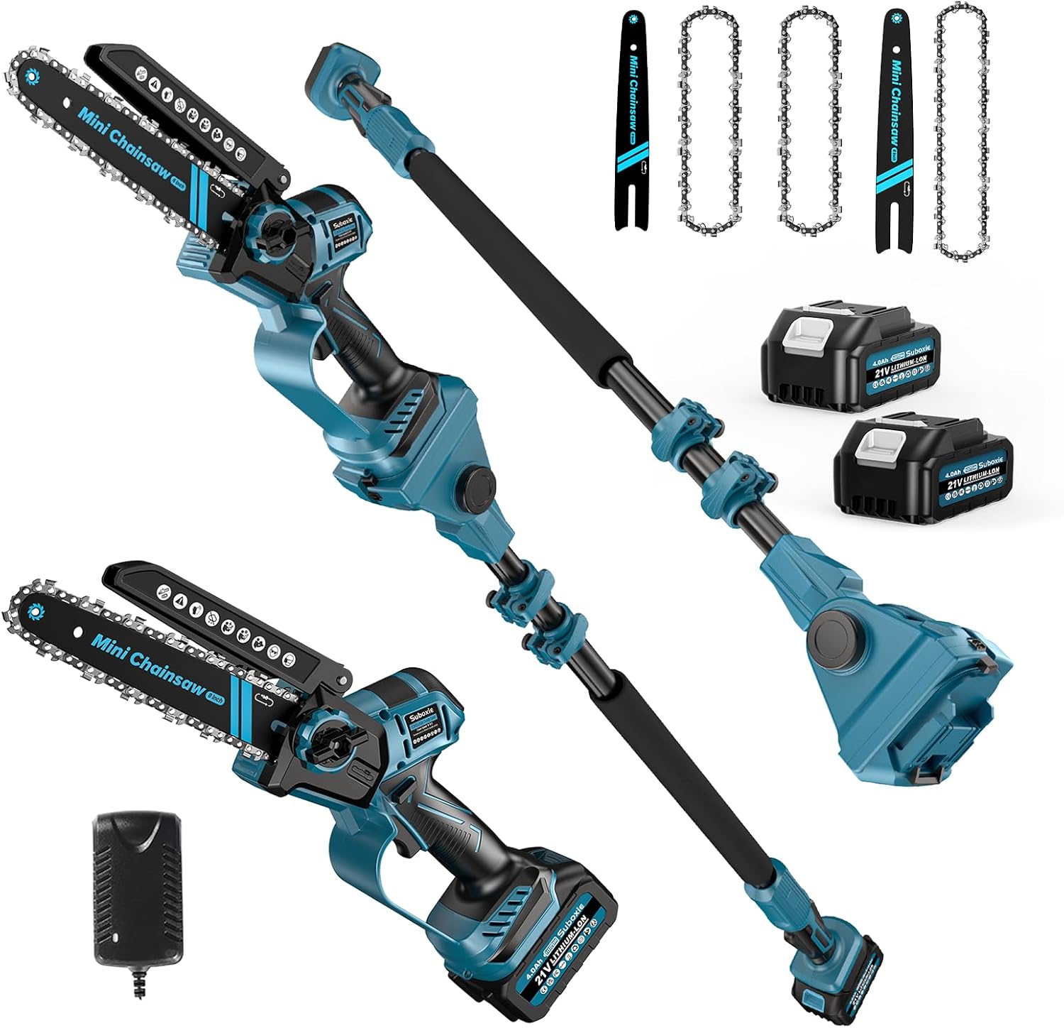 3-In-1 Akku Hochentaster,6&8 Zoll Mini Kettensäge mit 2X 4,0Ah Akku,Handkettensäge mit Teleskopstange Linkshänderfreundlich, 180° Abwinkelbarer,Arbeitslänge bis zu 4,57m für Gartenpflege,Baumschnitt