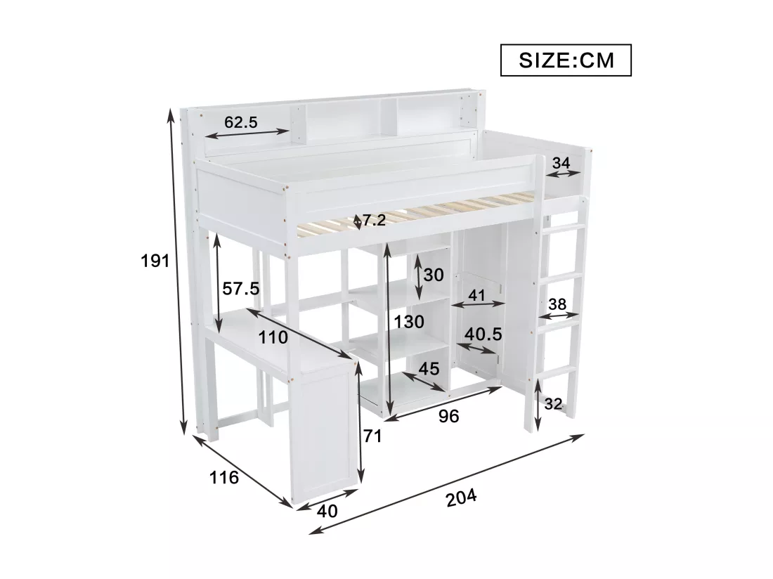 Lit mezzanine en bois de pin et MDF - 90x200 cm - avec étagères au-dessus、bureau et armoire - Blanc