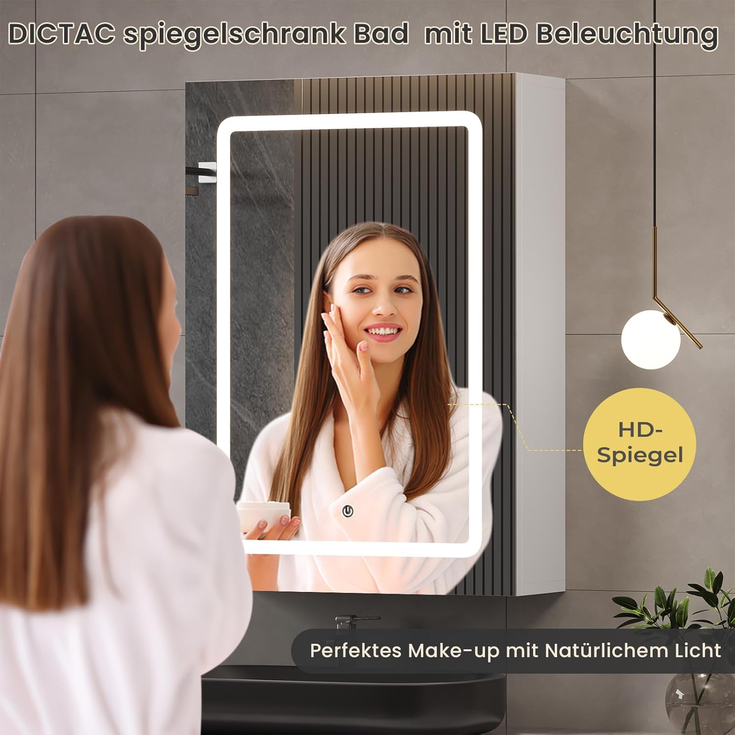 DICTAC Spiegelschrank Bad mit Led Beleuchtung 50x70x16cm Einzeltür Badezimmer spiegelschrank mit licht und Verstellbares Regale Badschrank mit Einstellbar Spiegel,Berührung Sensorschalter,Weiß