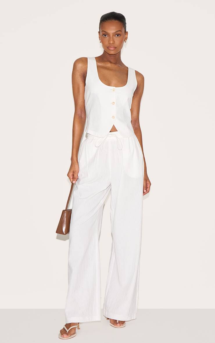 Blanc Gilet Ajusté Tailleur Col Arrondi Aspect Lin
