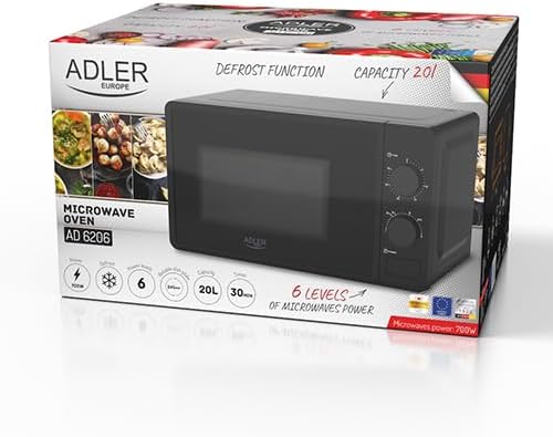 ADLER EUROPE AD 6206 Mikrowellenherd - 20L Kapazität, 700W Leistung, 6 Leistungsstufen, Auftaufunktion, Mechanische Steuerung, LED-Innenbeleuchtung, Schwarz