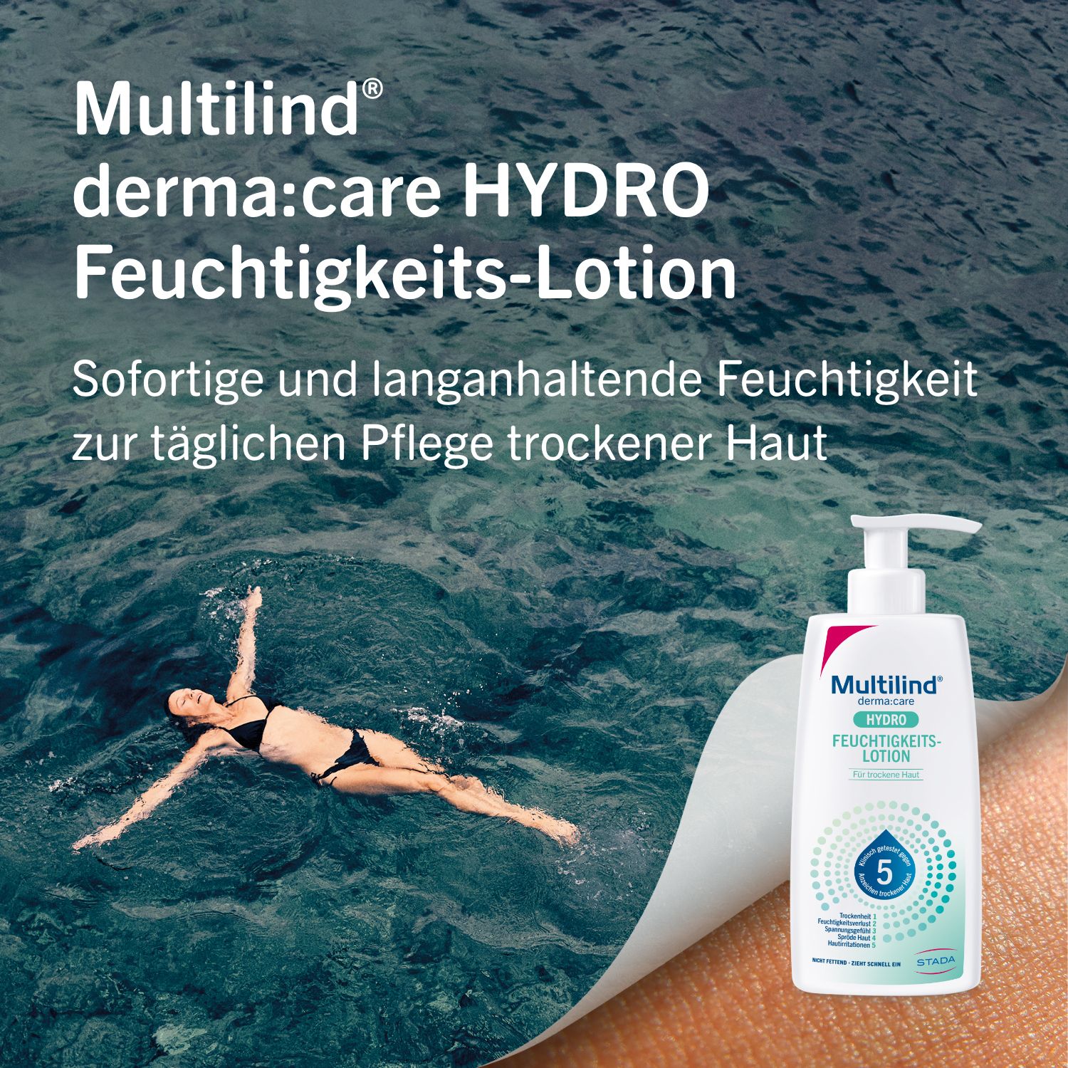 Multilind® derma:care HYDRO Feuchtigkeitslotion: tägliche Feuchtigkeit für trockene Haut. Wirkt sofort und langanhaltend. Pflegt mit Ceramide NP, Panthenol, Glyzerin, Rizinusöl, Beerenwachs