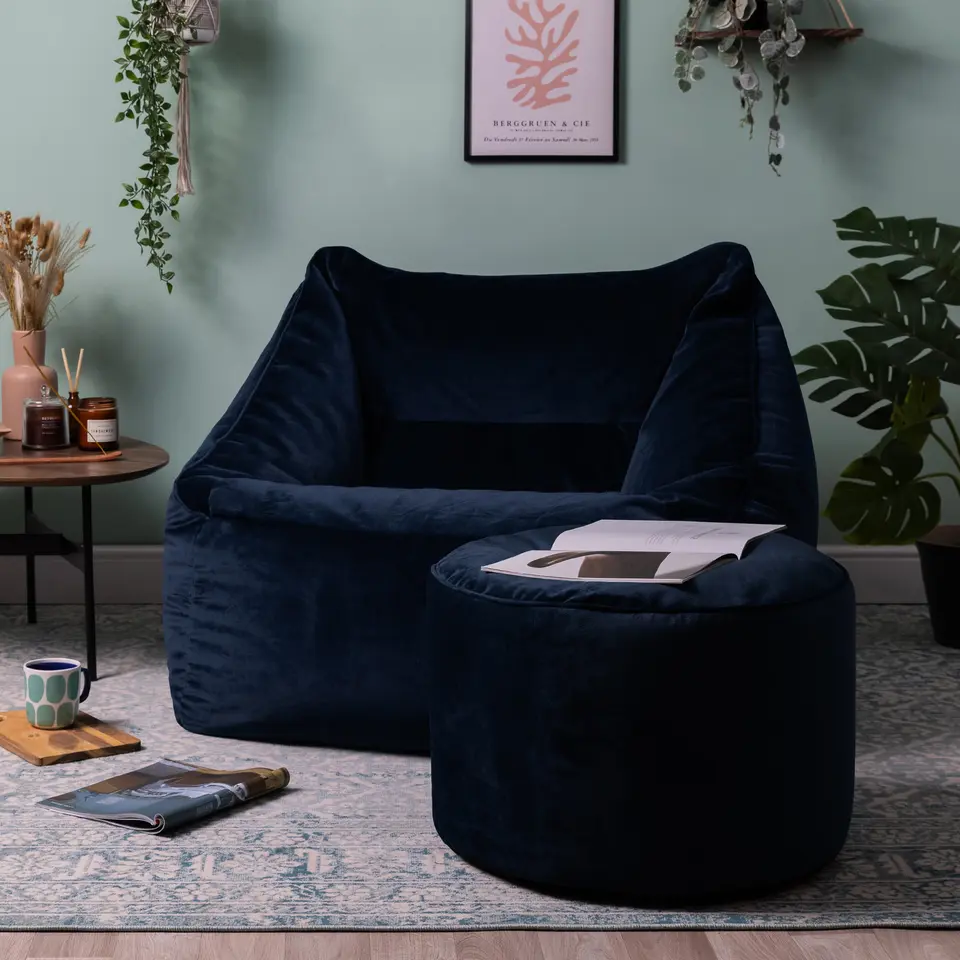 icon Zitzak en XL Poef Natalia - Fluwelen Zitzak - Marineblauw
