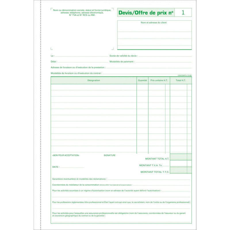 Cahier de devis / offre de prix Manifold Exacompta autocopiant 29,7 x 21 cm 50 pages triple exemplaires 13146E