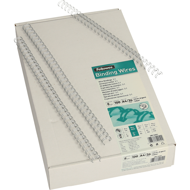 Fellowes Drahtbinderücken, 34 Ringe, A4, 8 mm, silber, 100 Stück