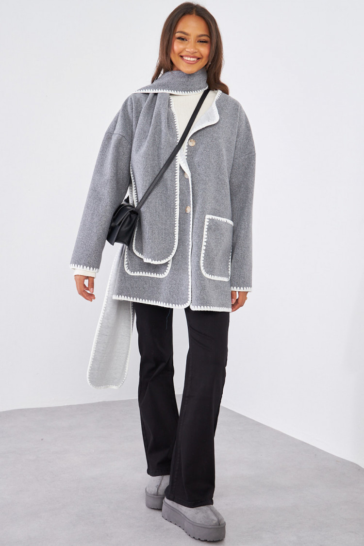 Ensemble 2 pièces veste + écharpe grise à couture en relief