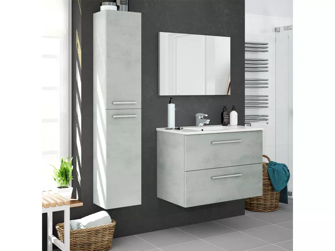 Colonne de salle de bain Dabado, Armoire colonne de salle de bain avec 2 portes, Armoire murale suspendue avec 2 étagères, 30x25h150 cm, Gris béton