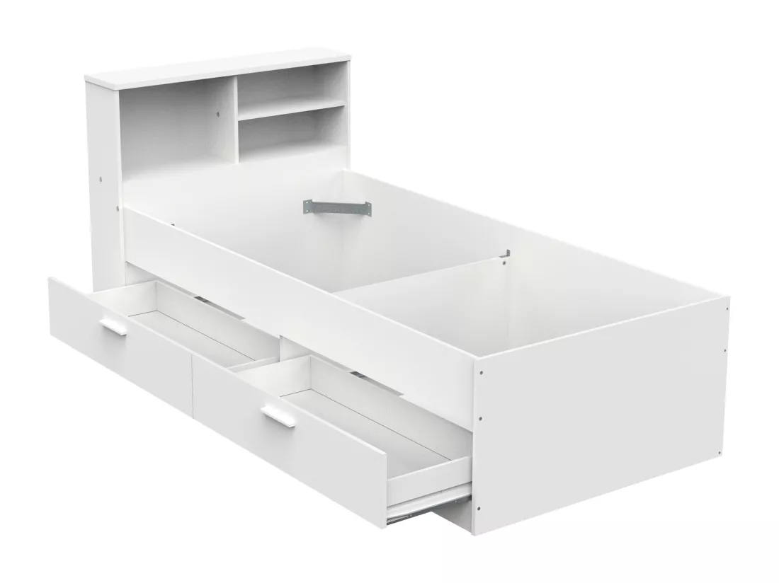 Lit 90 x 190 cm avec tiroirs et rangements - Coloris : Blanc + Sommier + Matelas - BORIS II