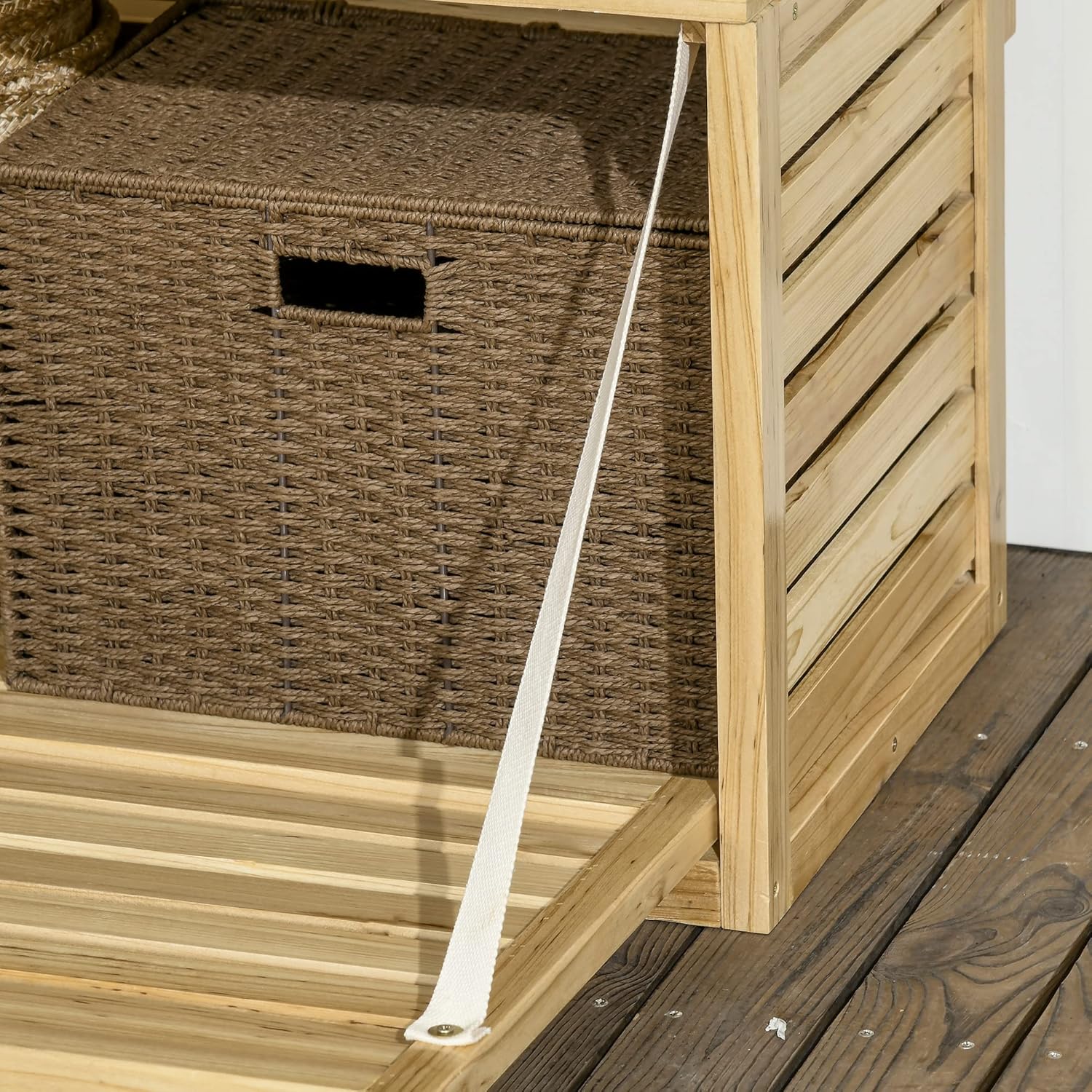 Outsunny Aufbewahrungsbox, Aufbewahrungstruhe mit Rankhilfe, Auflagenbox mit Ablagen, Gartentruhe, Kissenbox, Massivholz, Natur, 80 x 45 x 160 cm