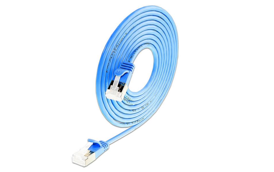 Slimpatchkabel RJ-45 - RJ-45, Cat 6A, U/FTP, 0.25 m, BlauGeschirmtes Cat 6A flaches Twisted-Pair-Kabel (U/FTP) mit Klinkenschutz und vergoldeten RJ-45 Steckern