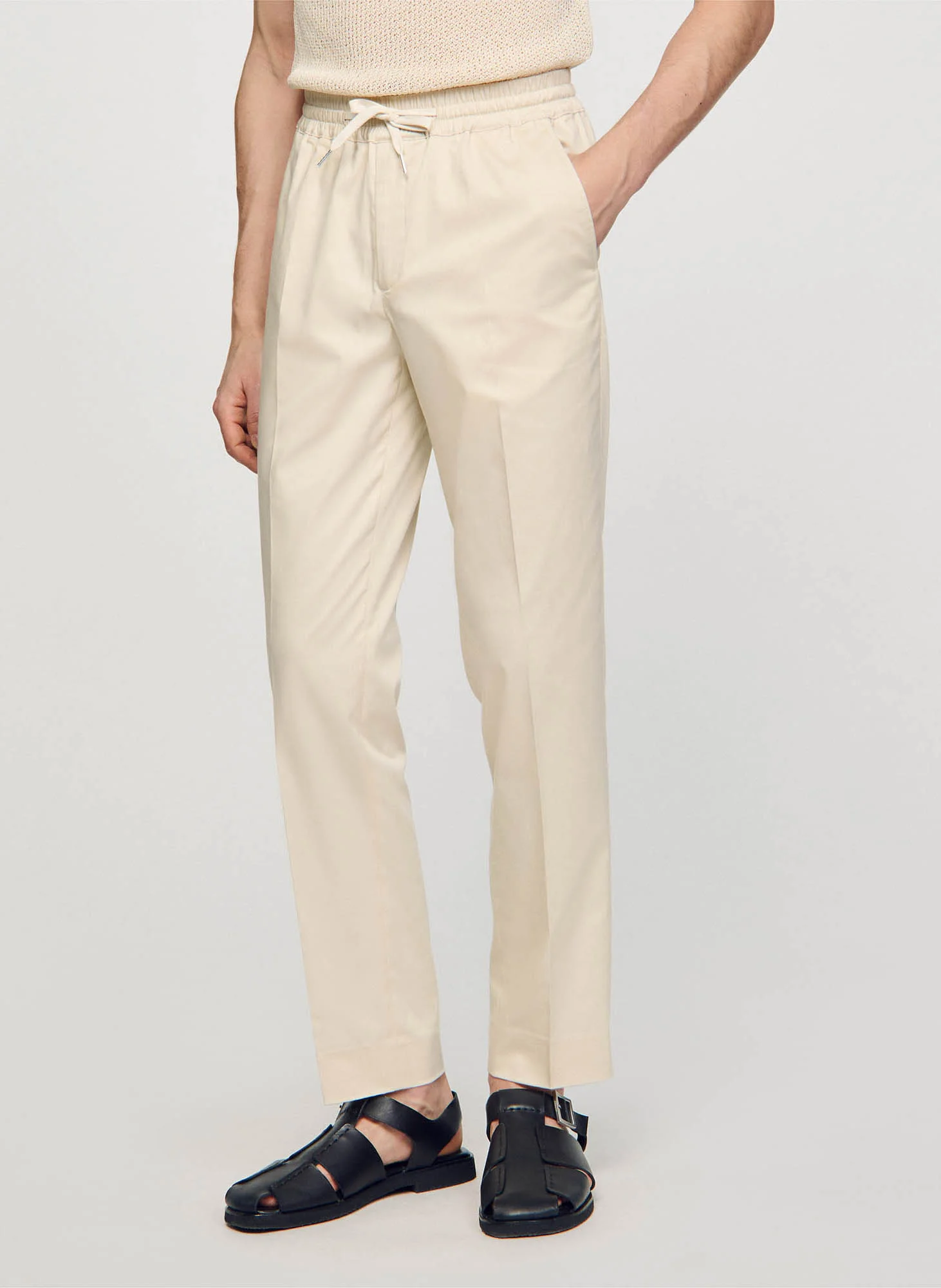Pantalon chino avec cordon en coton mélangé| Beige