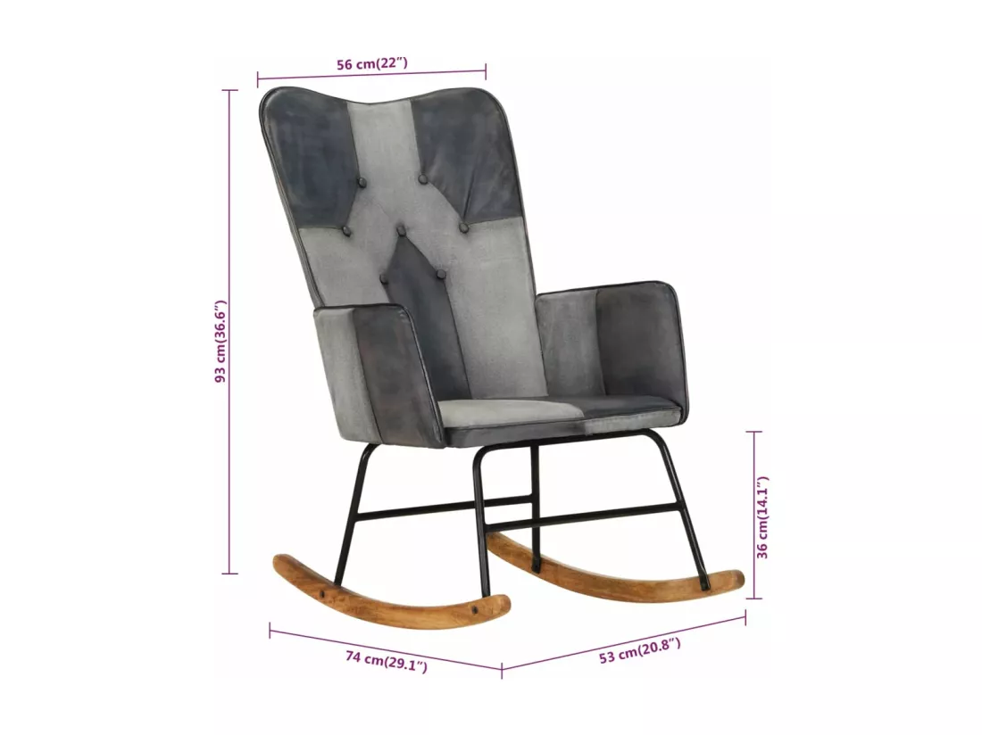 Chaise à bascule Gris Cuir véritable et toile