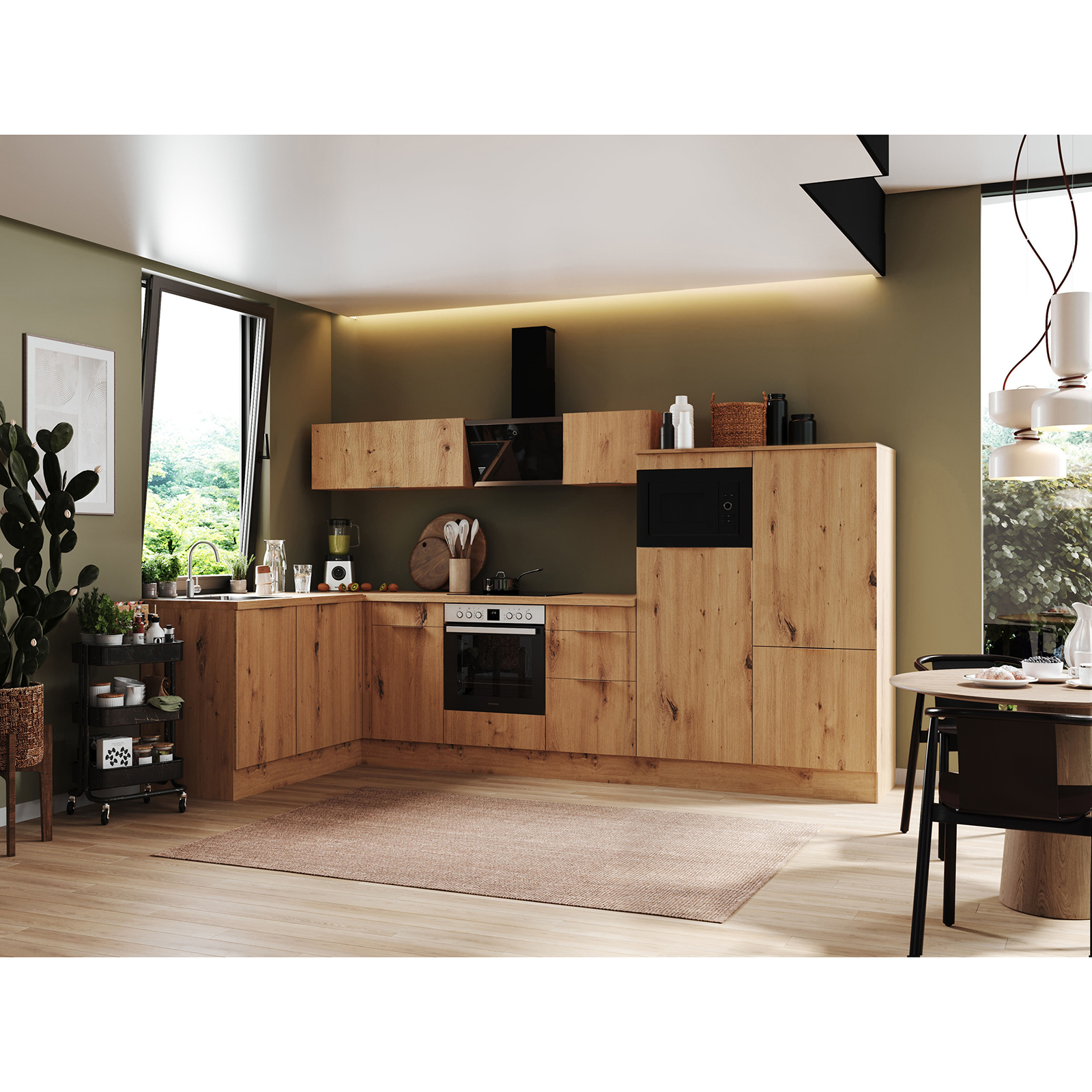 RESPEKTA Winkelküche - Artisan Eiche - mit E-Geräten - 340x175 cm