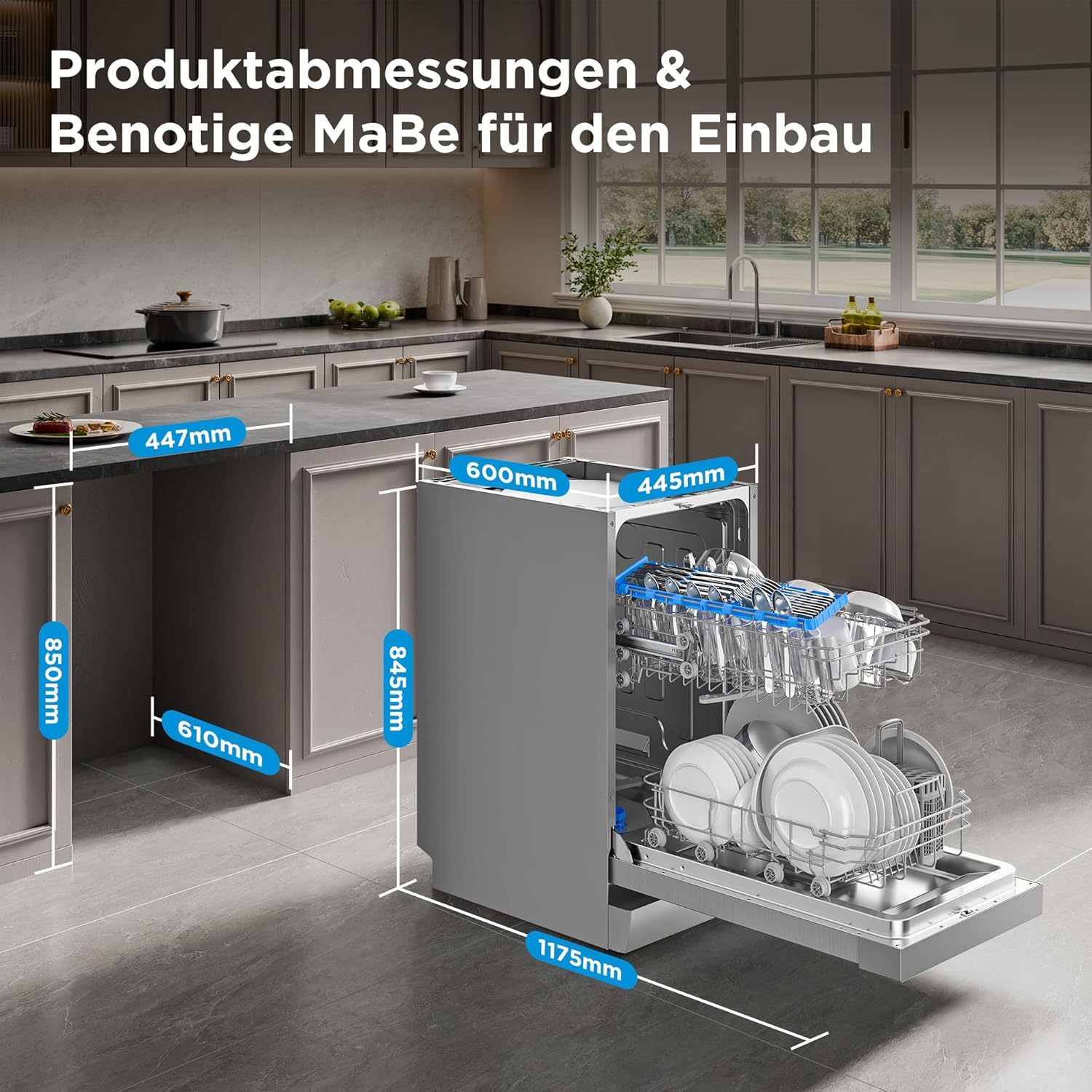 Midea SF 3.45N PRO Geschirrspüler, freistehend und unterbaufähig, 9 Maßgedecke, WLAN, 5 Spülprogramme, 47 dB, 3/6/9h Startzeitvorwahl, Inox, Silber