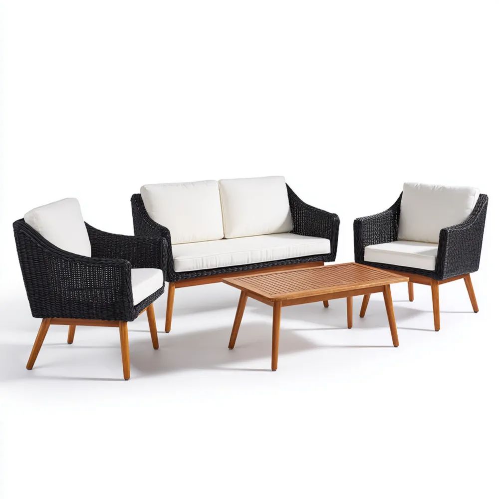 Garten-Sofaset Rattan 125x70x75 cm mit Kissen – Schwarz/Weiß – Moderne