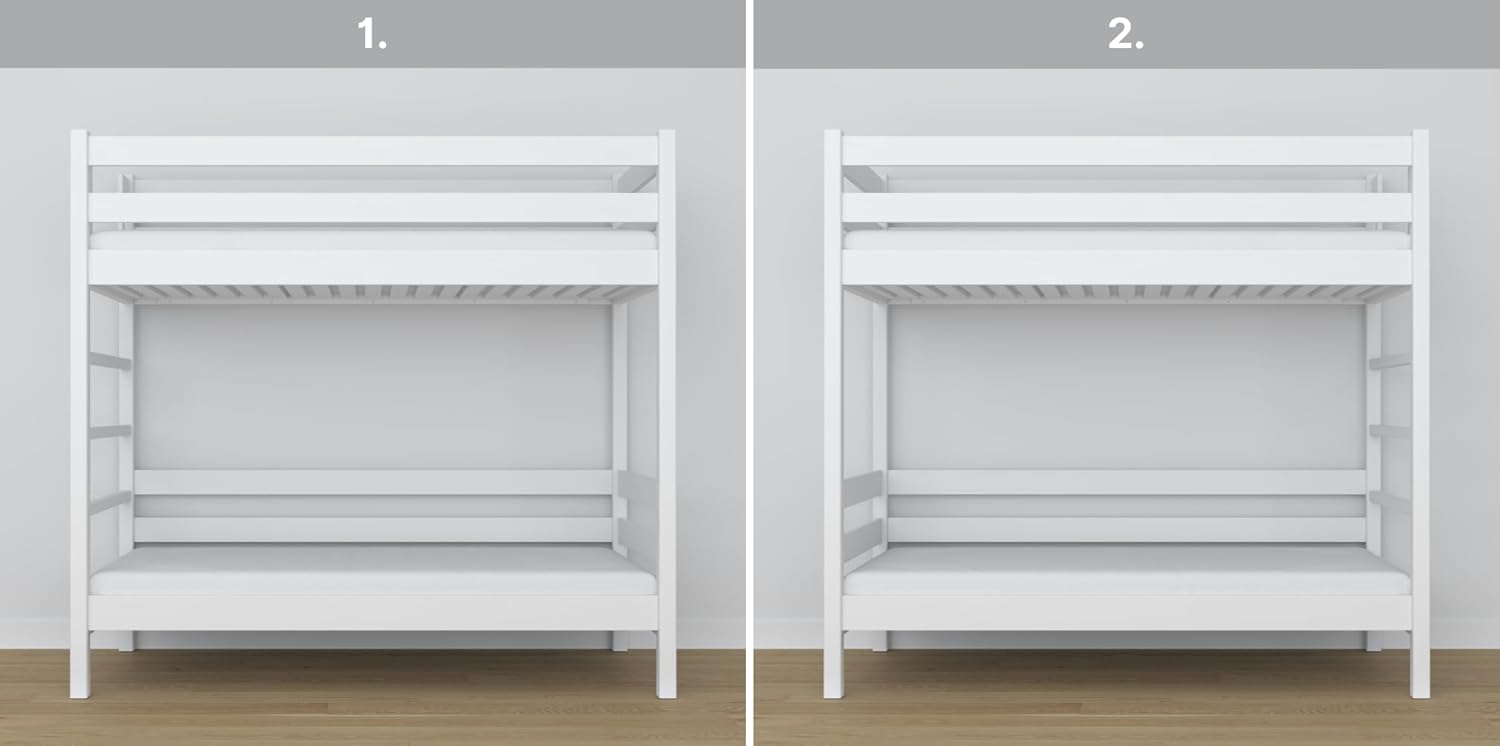 N03 Etagenbett 90x200 cm, Kinderbett mit Leiter, 2 Leitermontageseiten: Links oder rechts, sichere abgerundete Kanten, Stabile Massivholzkonstruktion, Hochwertige Materialien, Weiß