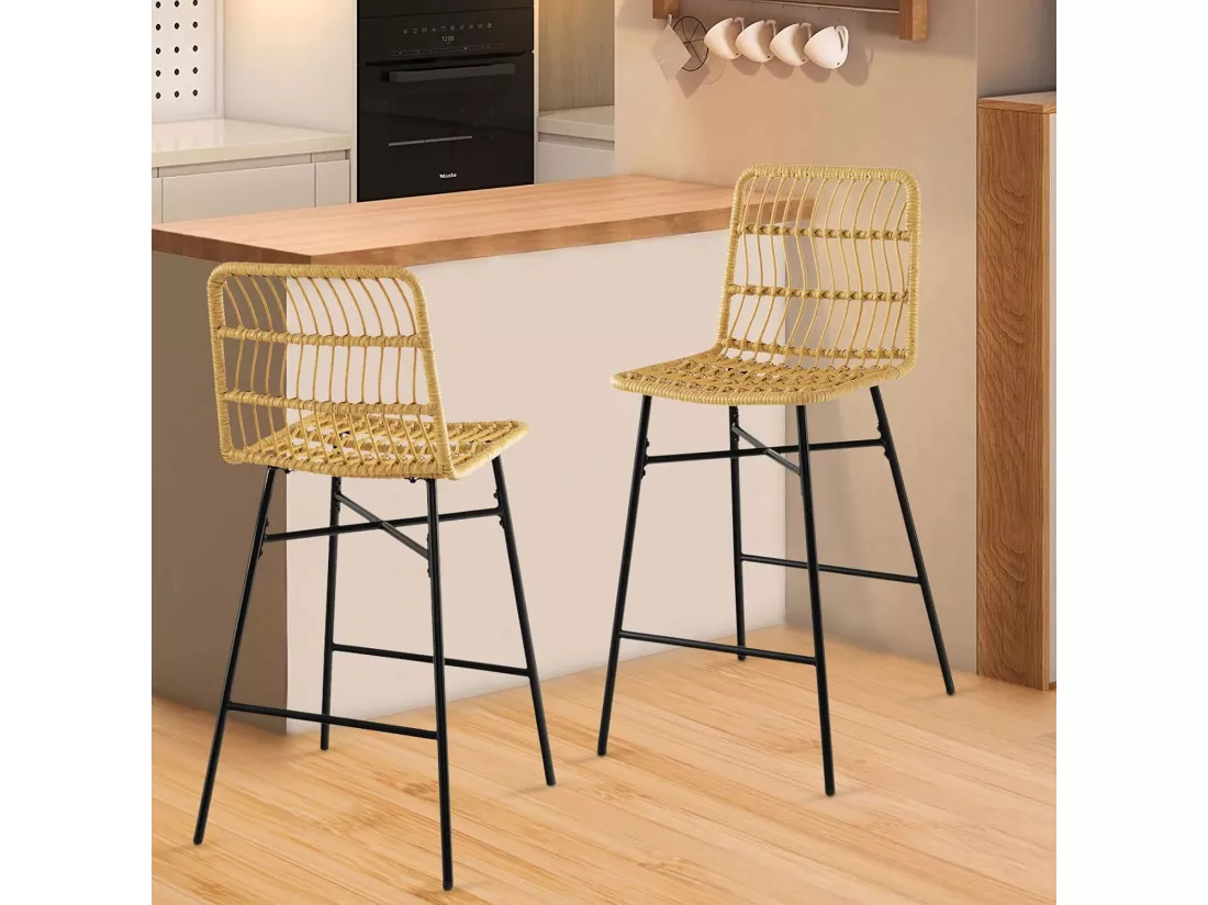Tabourets de bar lot de 2, rotin pe, siège en cuir pu - 69 cm de haut, style naturel