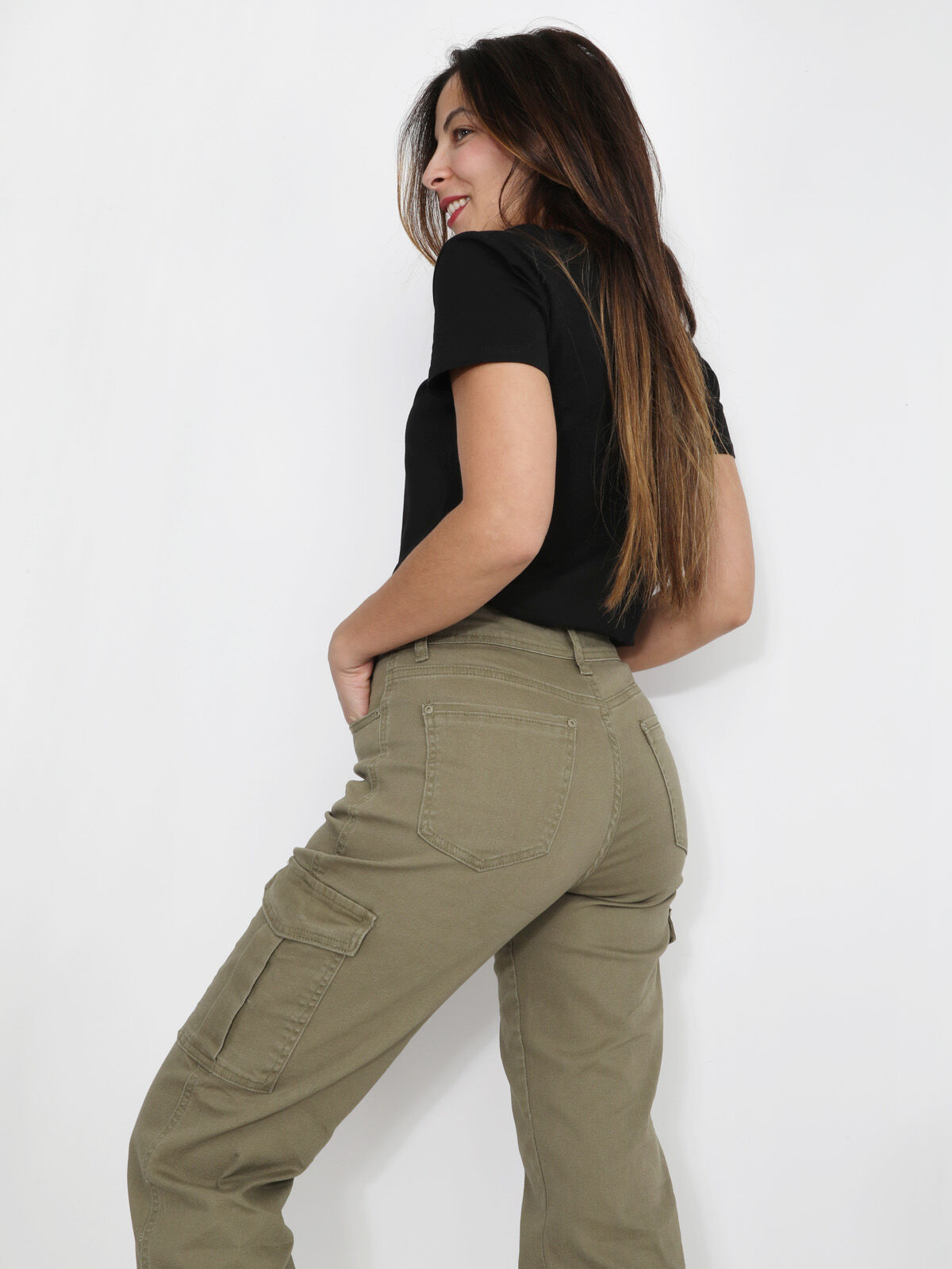 Jeans cargo large en coton- Kaki