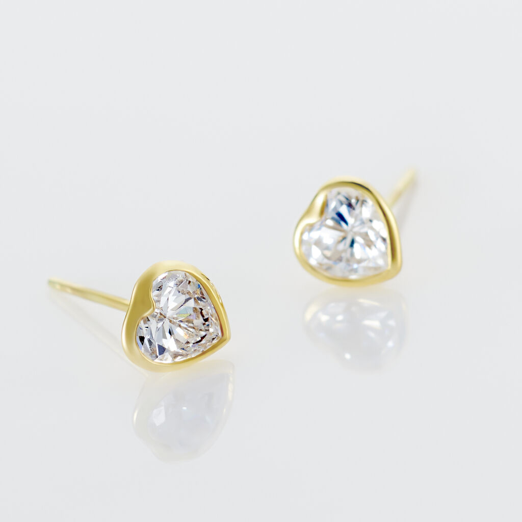Boucles D'oreilles Puces Coeur Serti Clos Or Jaune Oxyde De Zirconium