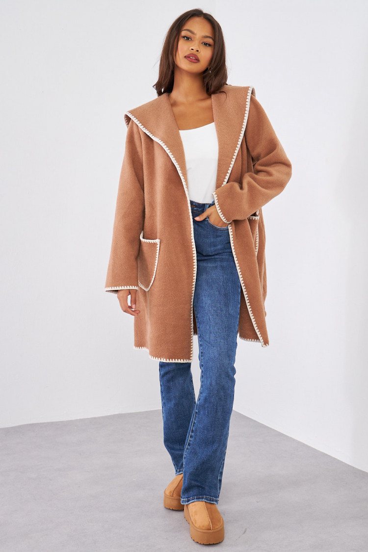 Veste longue à capuche camel texturée à couture en relief