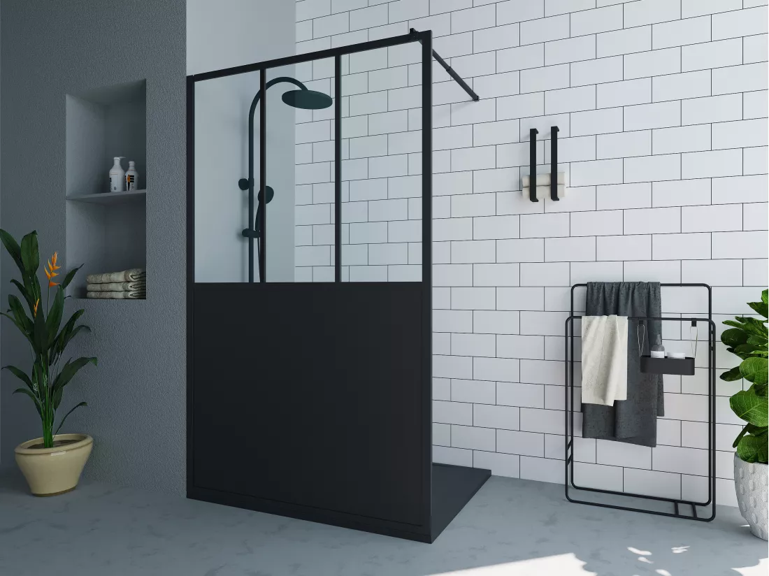 Paroi de douche à l'italienne style atelier - Noir mat - 120 x 200 cm - URBANIK