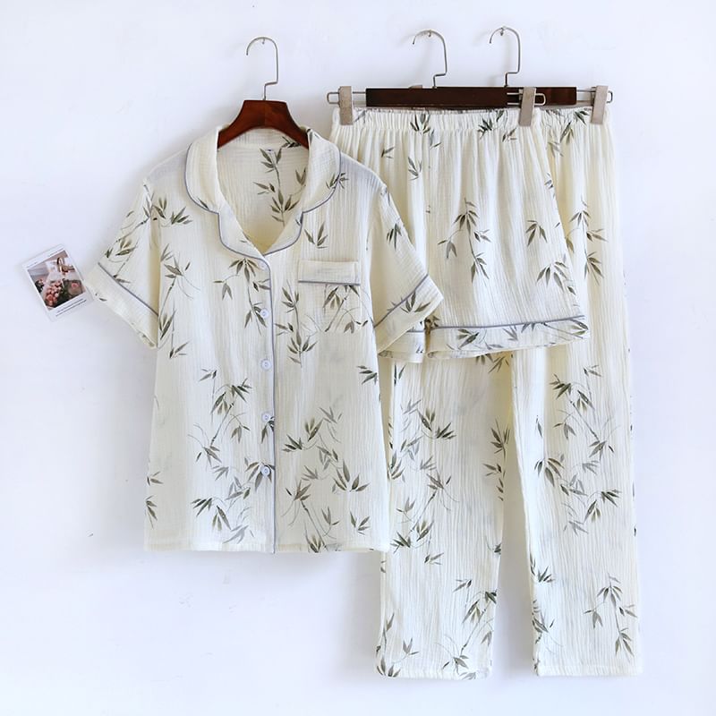 Dogini - Pyjamaset: overhemd met korte mouwen en bladprint + korte broek + broek