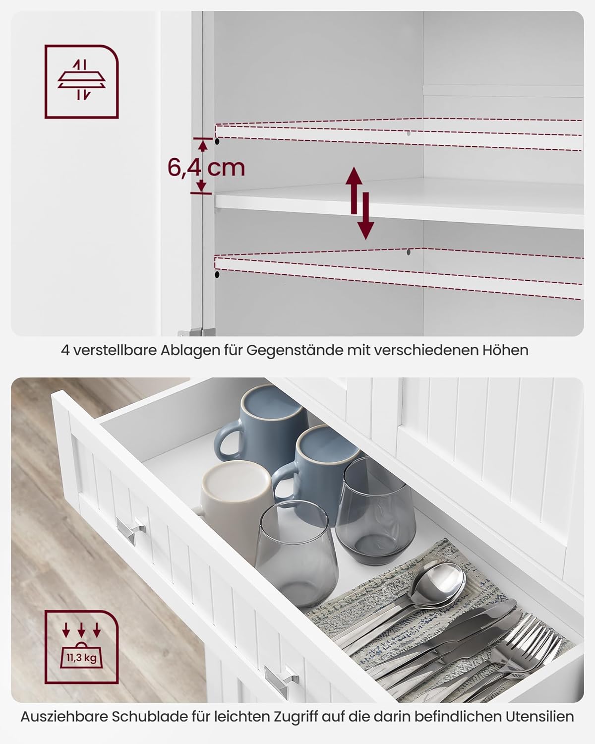 VASAGLE Küchenschrank, Hochschrank Küchenbuffet Vitrinenschrank, Buffetschrank mit Verstellbaren Ablagen, Esszimmerschrank mit Schubladen, für Wohnzimmer Küche, 40 x 76 x 182,1 cm, Weiß BBC561W21