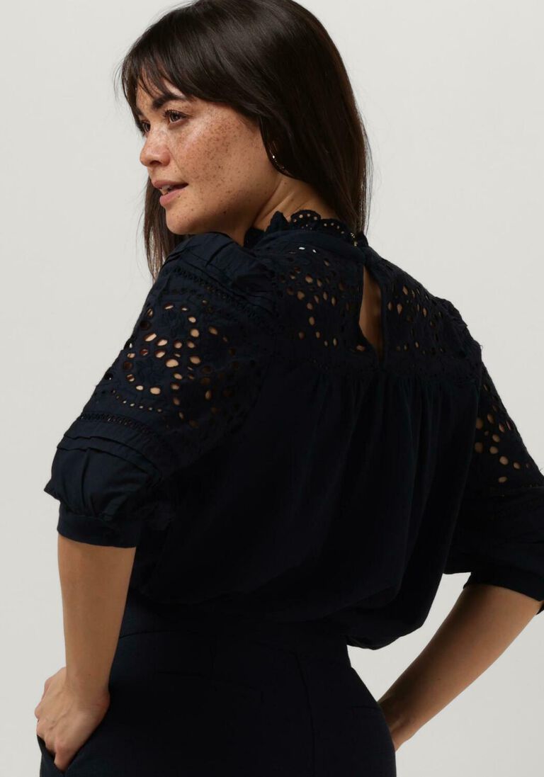 RUBY TUESDAY donkerblauwe ruby tuesday top salina half sleeves blouse with ruffle neck and embro details