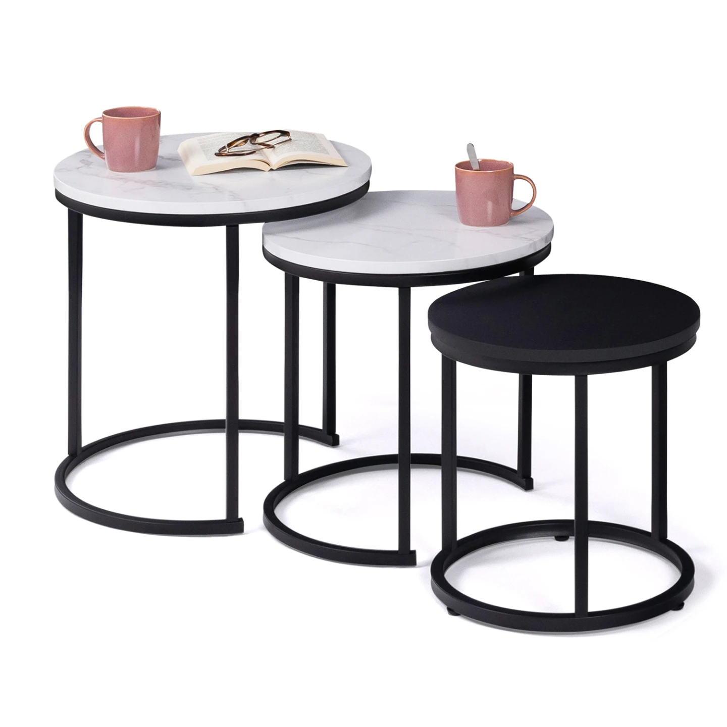 Lot de 3 tables basses gigognes ALASKA rondes 35/40/45 effet marbre et noir pieds métal