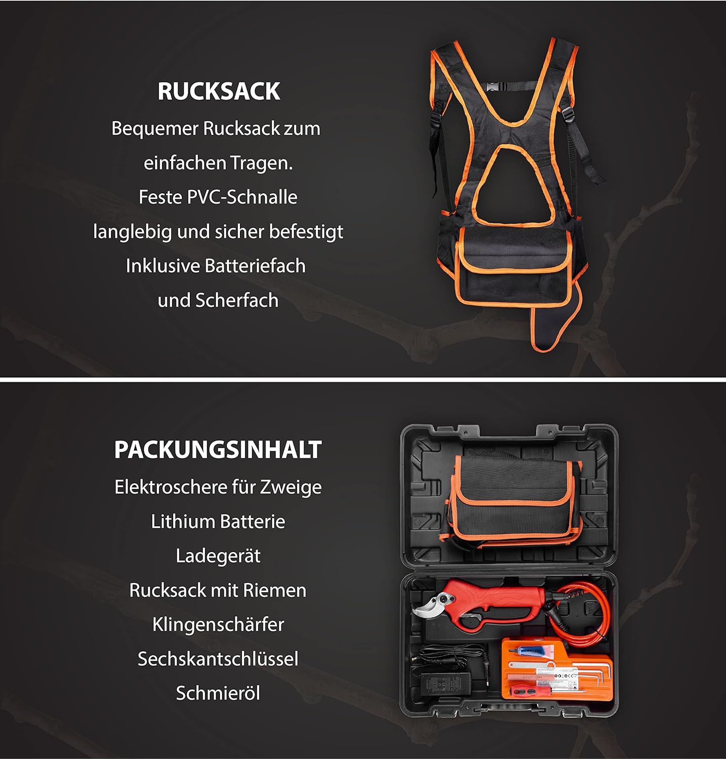 STREND PRO Elektrische gartenschere max 40mm Schnitte | Professional | 10 Stunden Batterie-Leben | Akku Gartenschere mit Koffer | 36V Li-Ion Batterie | Akku Astschere für Weinbergen/Gärten