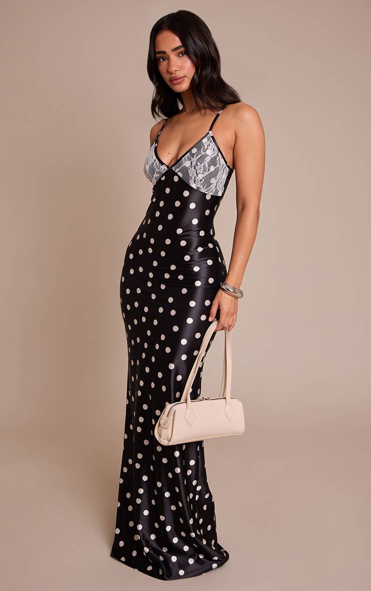 Noir Robe Maxi Petite À Pois Avec Détails En Dentelle