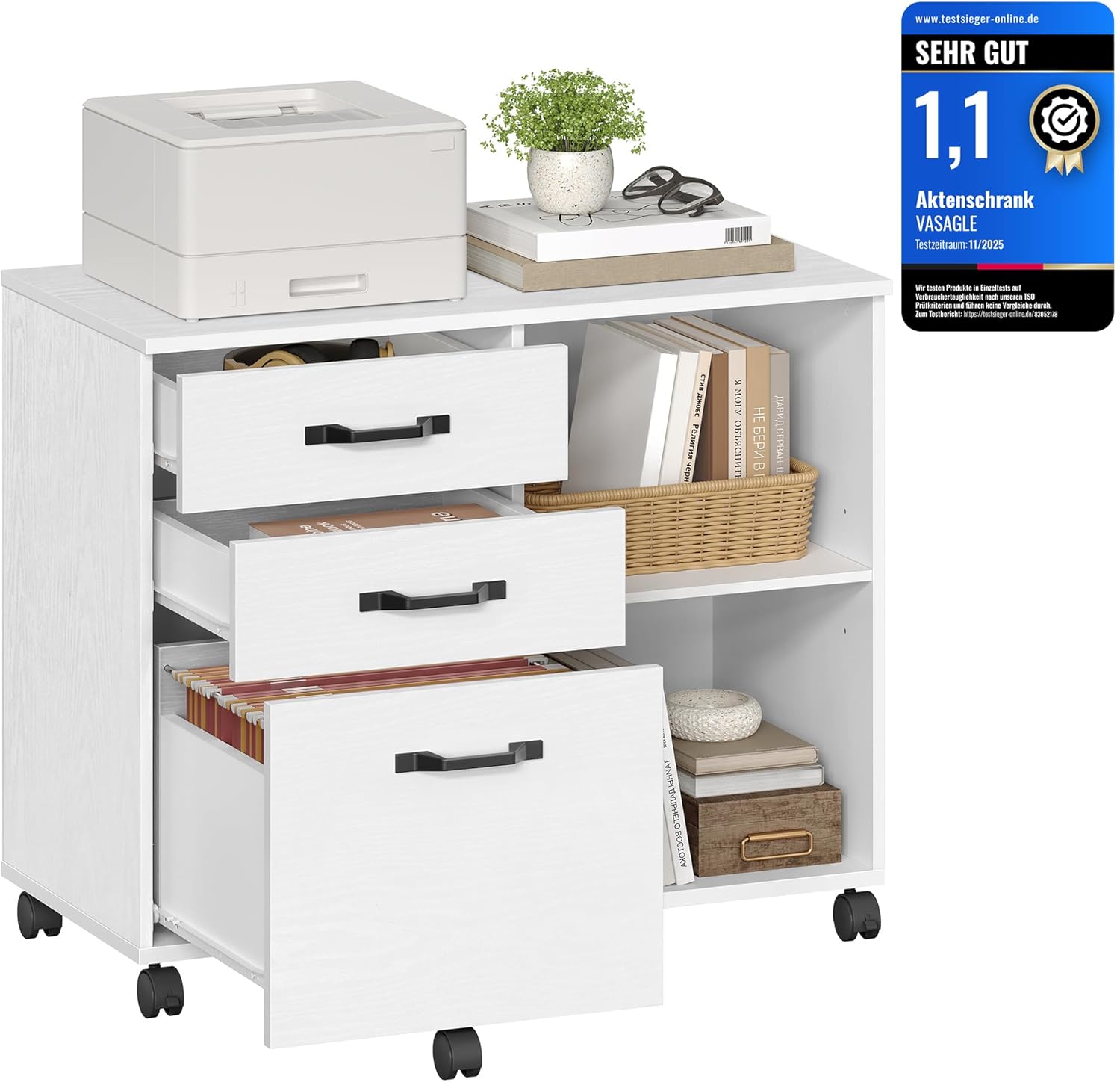 VASAGLE Rollcontainer, Aktenschrank, mit 3 Schubladen und Rollen, offene Fächer, für Dokumente in DIN A4-, Letter-Format, Druckerständer, Industrie-Design, weiß mit Holzmaserung OFC041W46