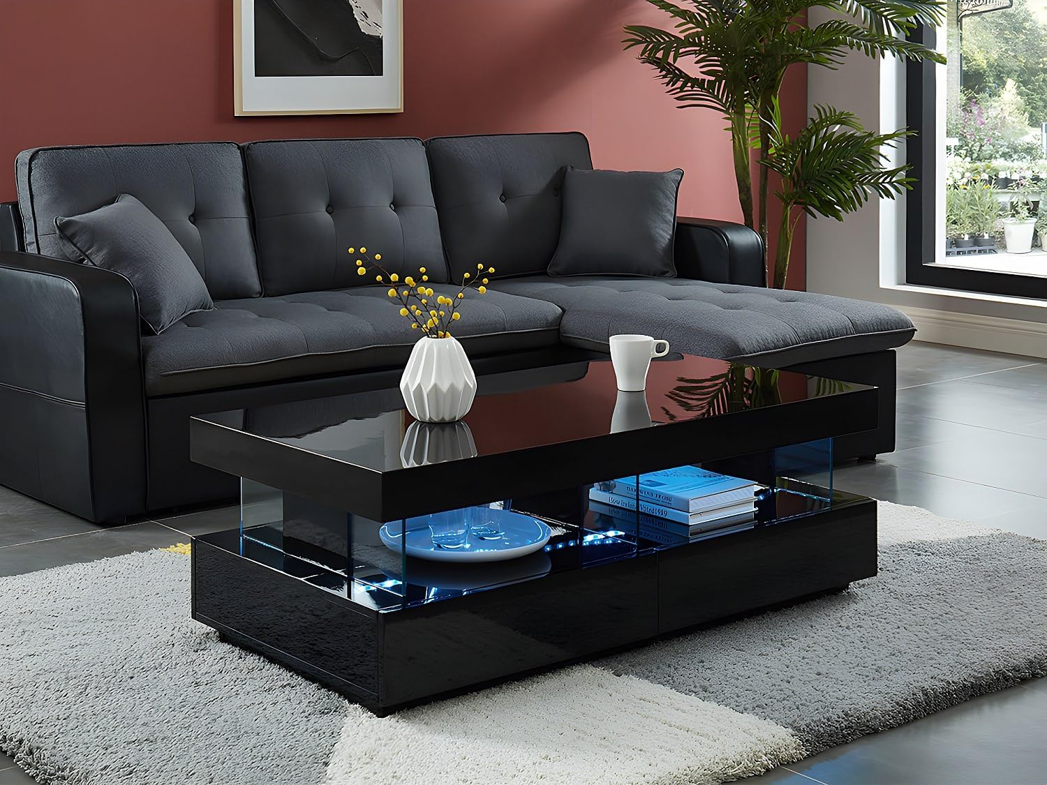 Vente-unique-Couchtisch mit 2 Schubladen + 2 Ablagen + LEDs - MDF lackiert - Schwarz - Fabio
