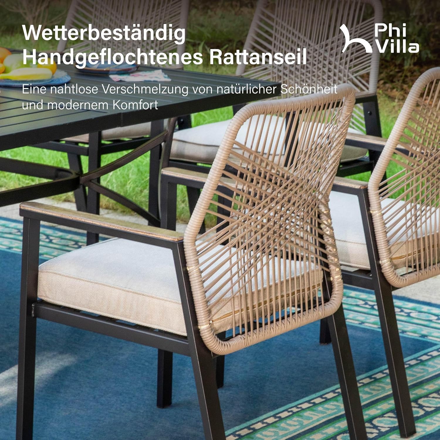 PHI VILLA Gartenmöbel Set Outdoor Balkon Esstisch mit 6 Rattan Stühlen und 1 Rechteckig Metall Gartentisch, 7-teiliges Gartenset Tisch und Stühle für 6, Patio Dining Table Set für Hinterhof Veranda