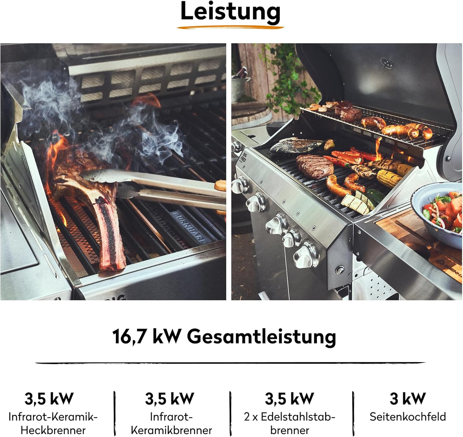 BURNHARD® Gasgrill 3-Brenner inkl. BACKBURNER, 900°C Infrarot-Keramikbrenner, Seitenkochfeld, Edelstahl-Grillrost, Grillabdeckung, Edelstahl-Grillwagen, klappbare Seitentische – FRED Deluxe