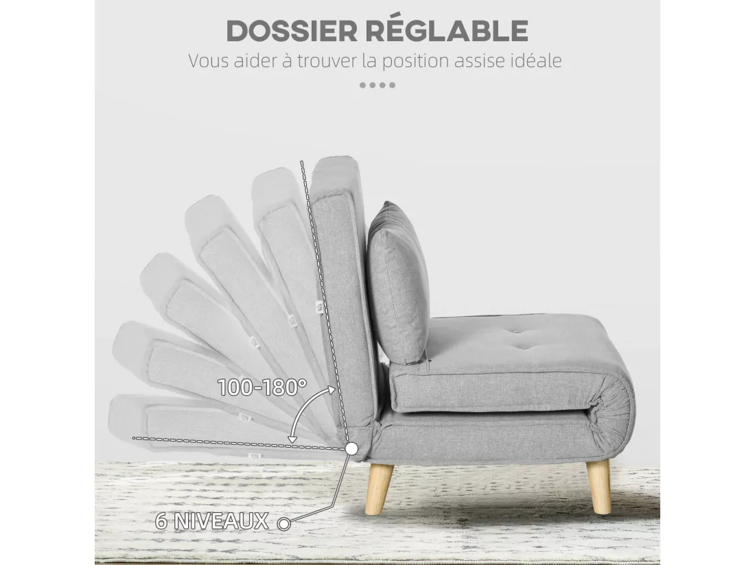 Fauteuil chauffeuse canapé-lit convertible 1 place - coussin inclus - style scandinave tissu gris clair