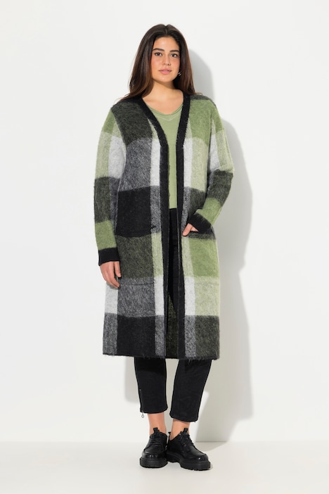 Long-Strickjacke, Karo, offenes Modell, Taschen