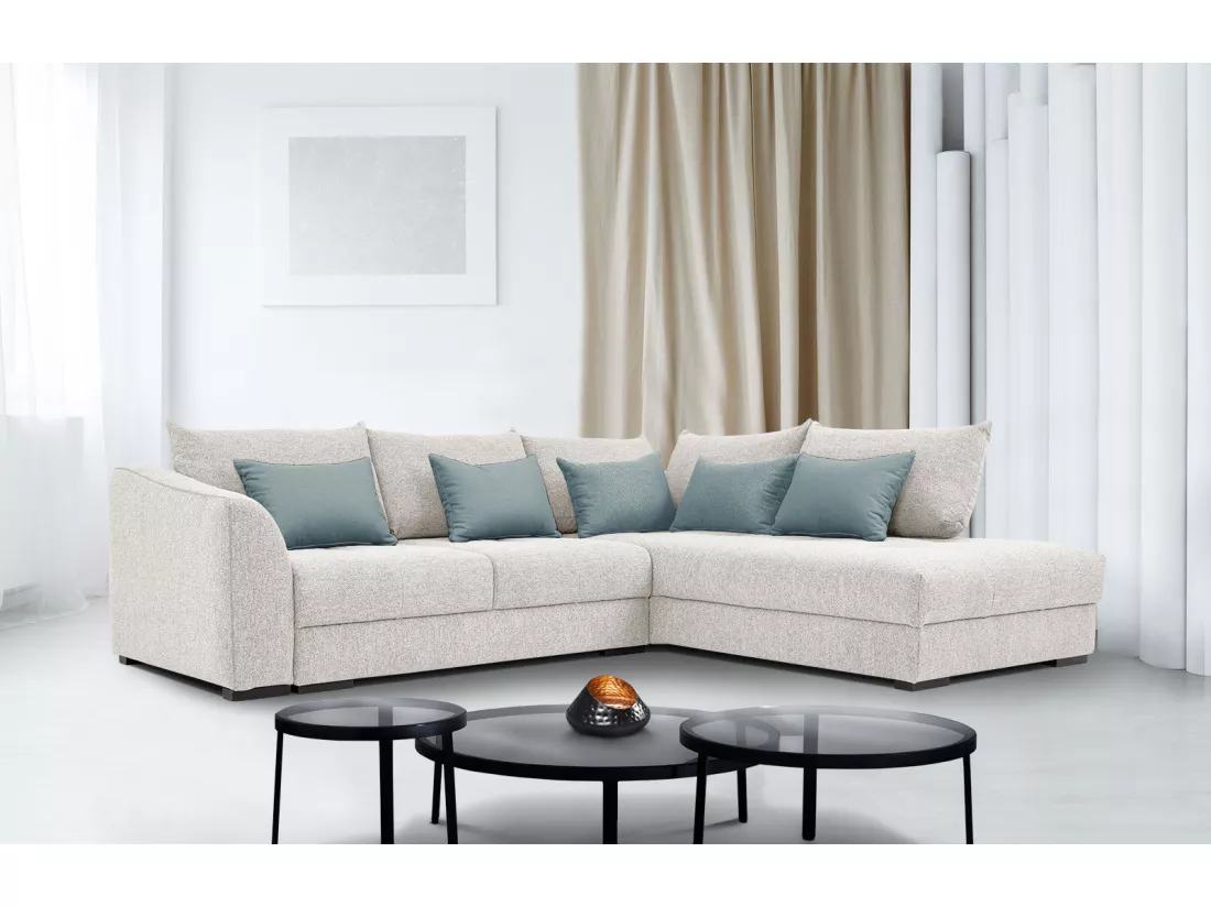 Canapé d'angle droit 5 places convertible tissu beige - Elbe