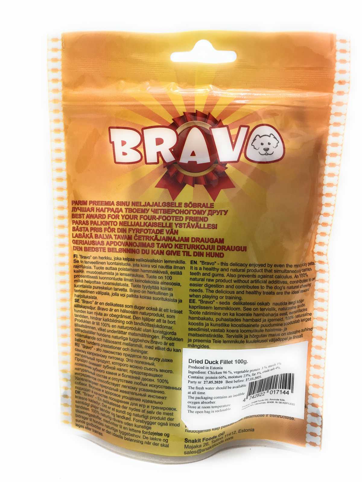 Filé de pato desidratado Bravo Pet 100g