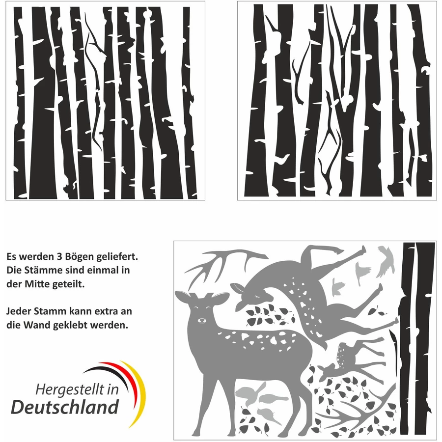 Nikima Wandtattoo 201 Birkenstämme SCHWARZ mit Hirsch, Reh und Kitz schwarz