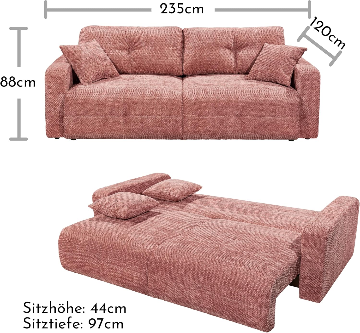BULLET Bequemes Schlafsofa mit Bettkasten, Stoffbezug Koralle - Klappbares Sofa mit Schlaffunktion - 235 x 88 x 120 cm (B/H/T)