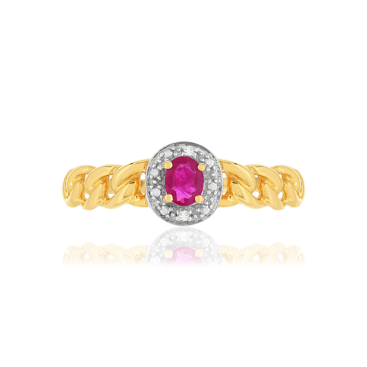 Bague or 375 2 tons, rubis et diamants, motif maille gourmette