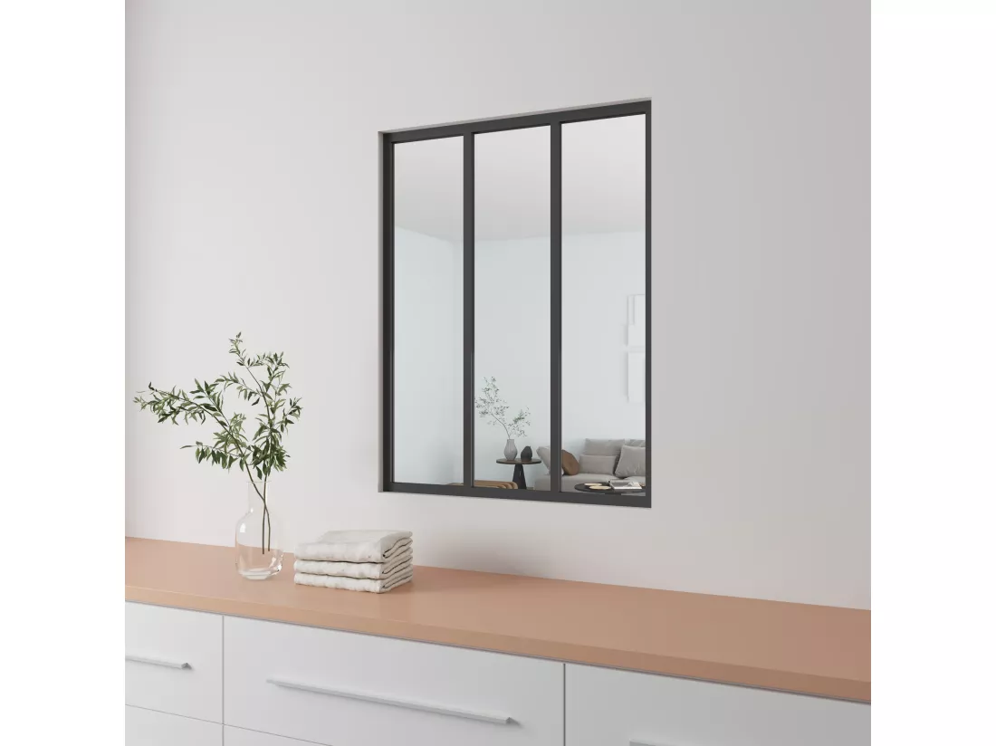 AICA Verrière Atelier en aluminium noir mat 93x108cm,Vitrage trempé 4mm,3 carreaux Verrière fixe,kit de verrière et vitrage