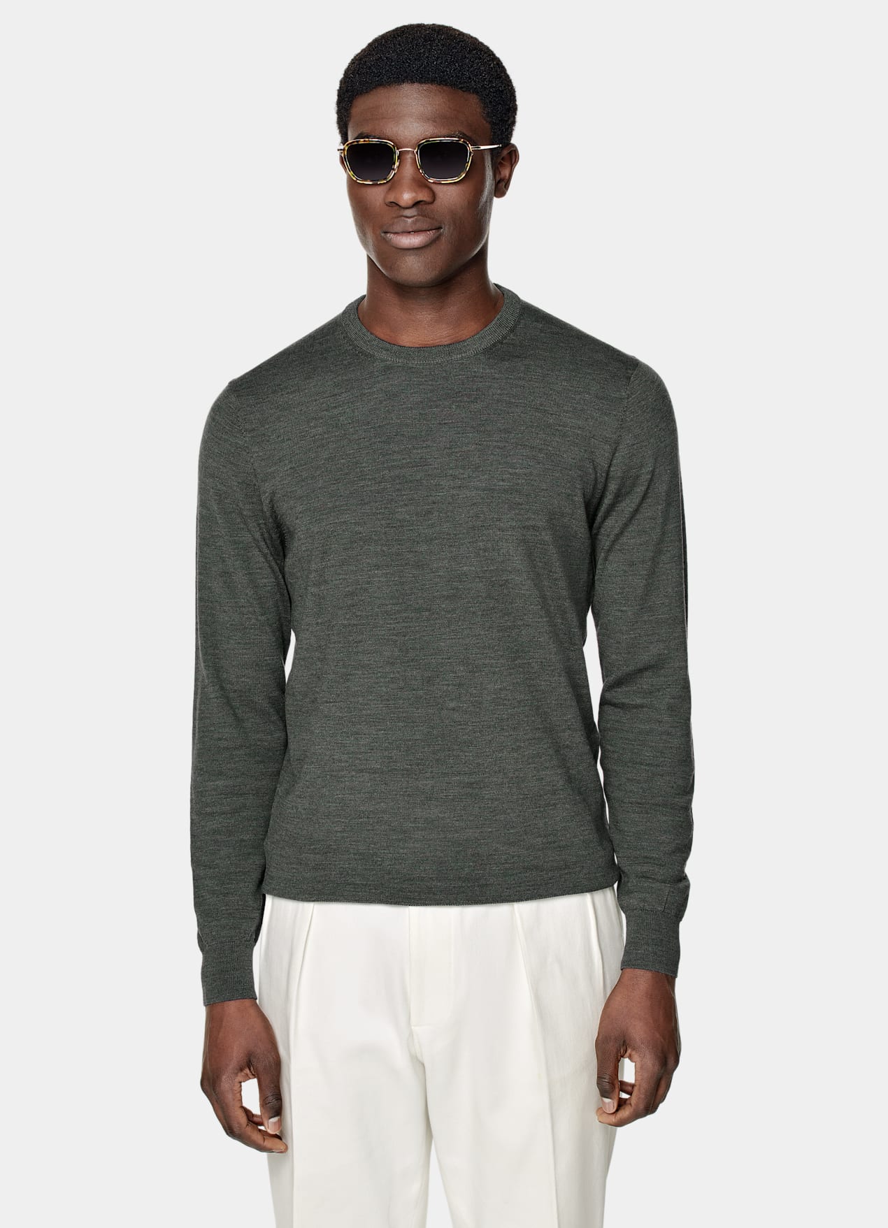 Pull col rond Merino vert foncé