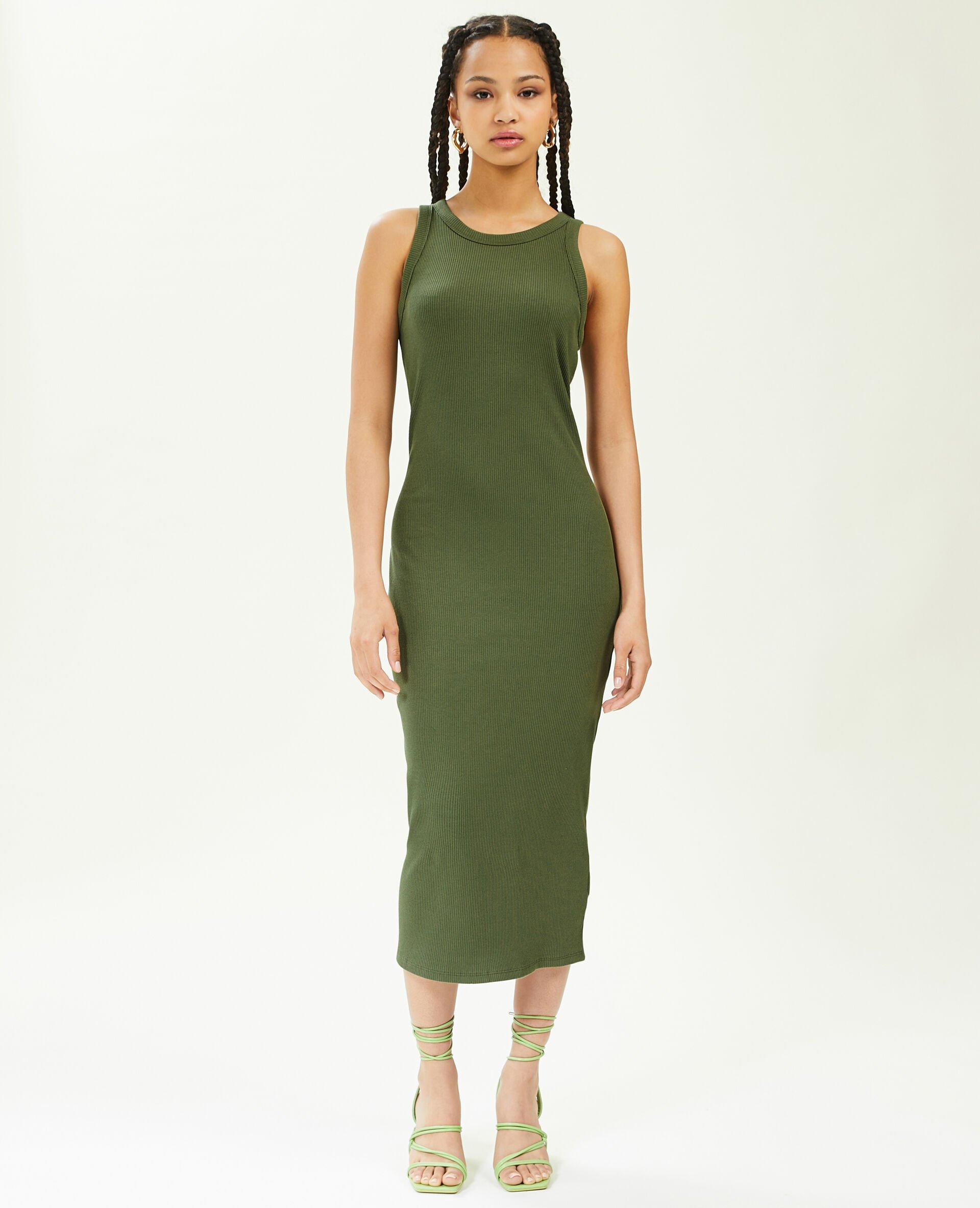 Robe débardeur maille côtelée - Vert kaki