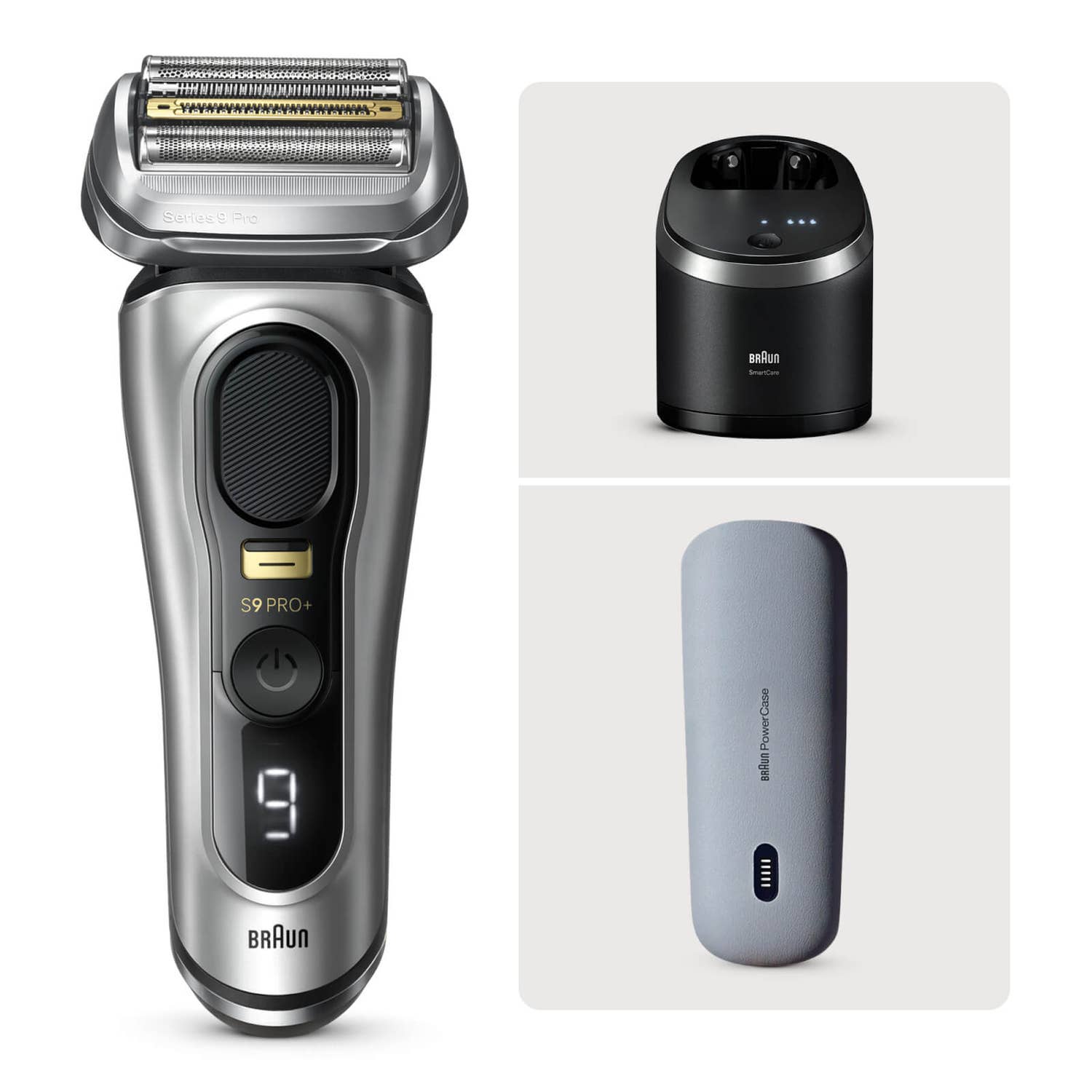 Braun Series 9 Pro+ Elektrorasierer, Reinigungsstation, Rasierer-Ladeetui (PowerCase), Wet & Dry, 9577cc, Silber