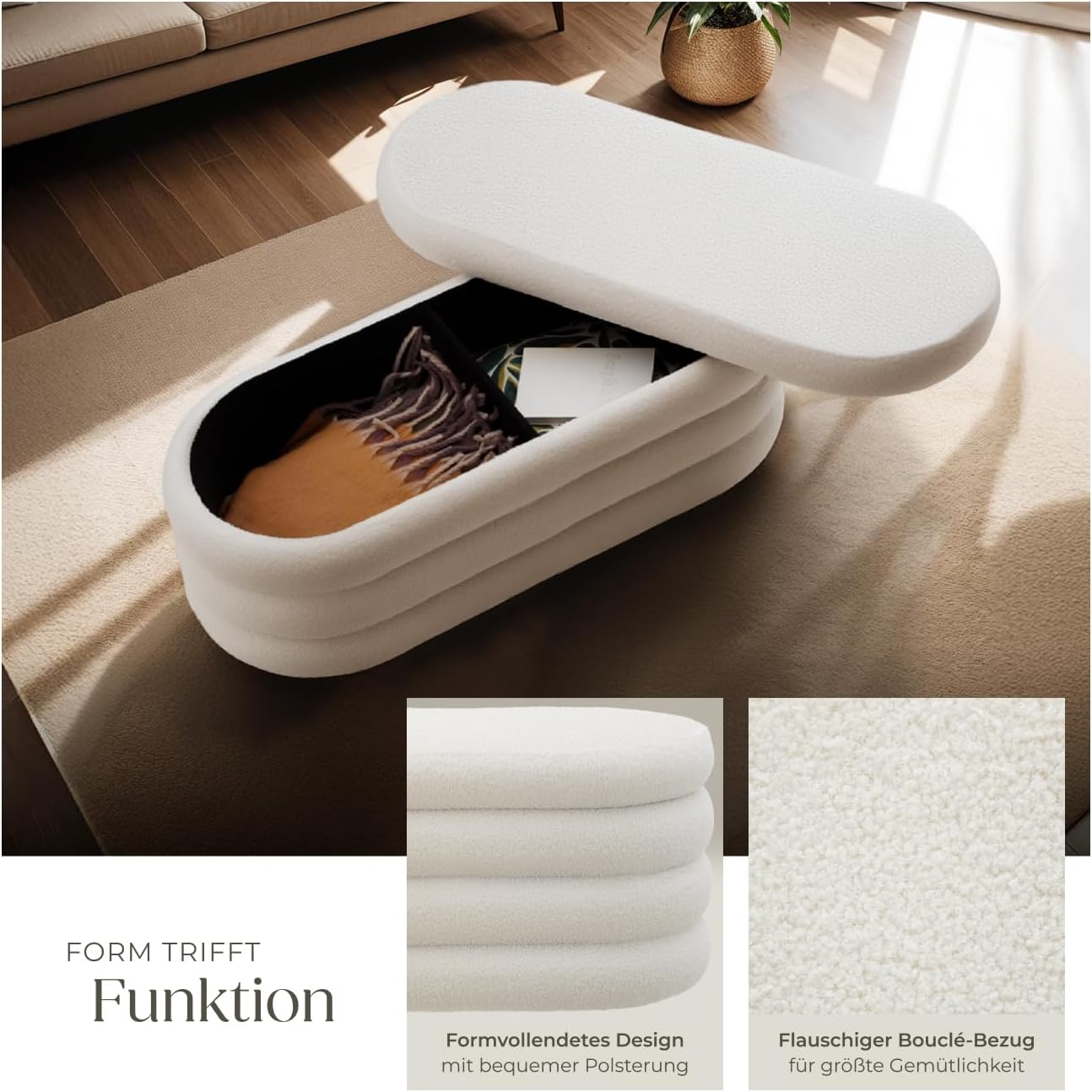 tectake® Sitzbank mit Stauraum, Sitzhocker, Hocker mit Stauraum, Stoff, Pouf, Polsterhocker, Sitztruhe, Truhe mit Deckel, Truhenbank mit Stauraum, Möbel für Wohnzimmer, 110x45x42cm - Bouclé créme-weiß