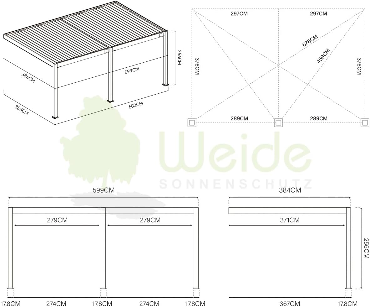 Pavillon Pergola 4x6m Terassenüberdachung mit Lamellendach verstellbar Gartenpavillon Hardtop wasserdicht stabil Winterfest Voll-Aluminium Grillpavillon Weide Deluxe Plus Wall Anthrazit